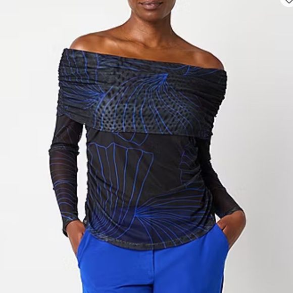 Worthington Off-Shoulder Black and Blue Blouse (885) - Picture 1 of 12